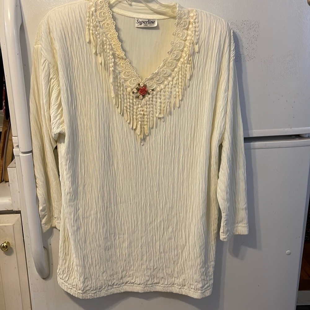 Superline USA Cream Crinkly L SL Tunic Size Lg Poly Lace & Ribbon Flower (11)